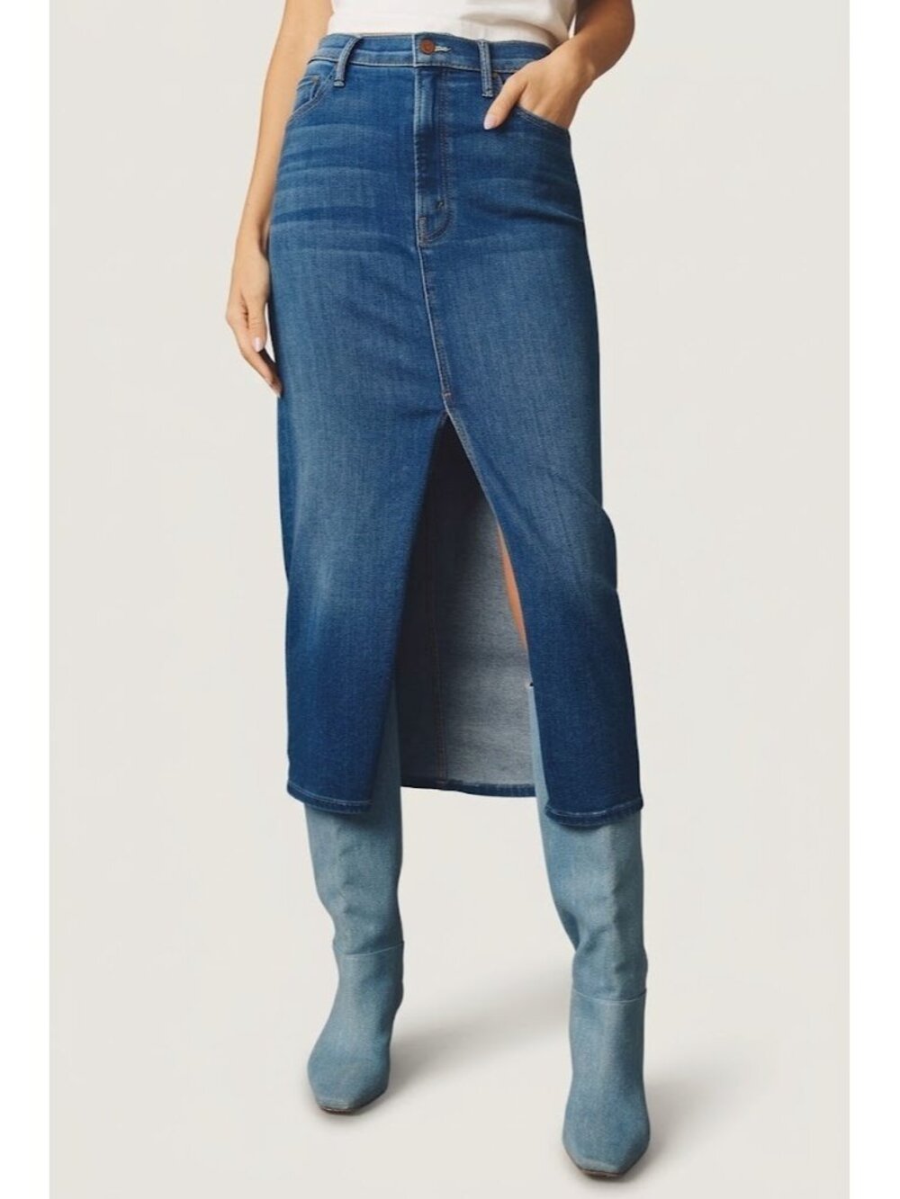 NWT Mother The Reverse Pencil Pusher in Hue Are You Denim Midi Skirt 29